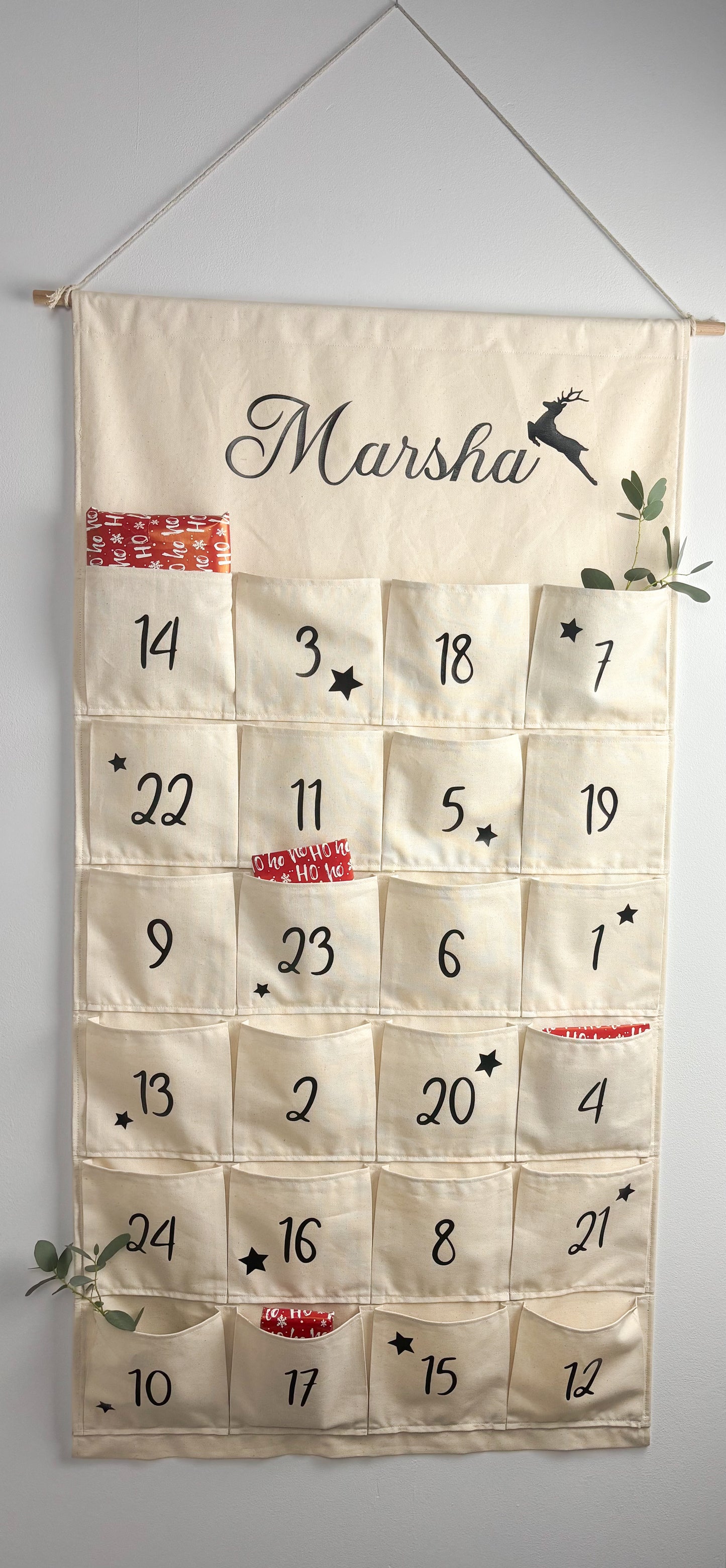 Handgemachter Adventskalender für Kinder und Erwachsene, mit Namen personalisiert, zum Befüllen, wiederverwendbar, nachhaltig